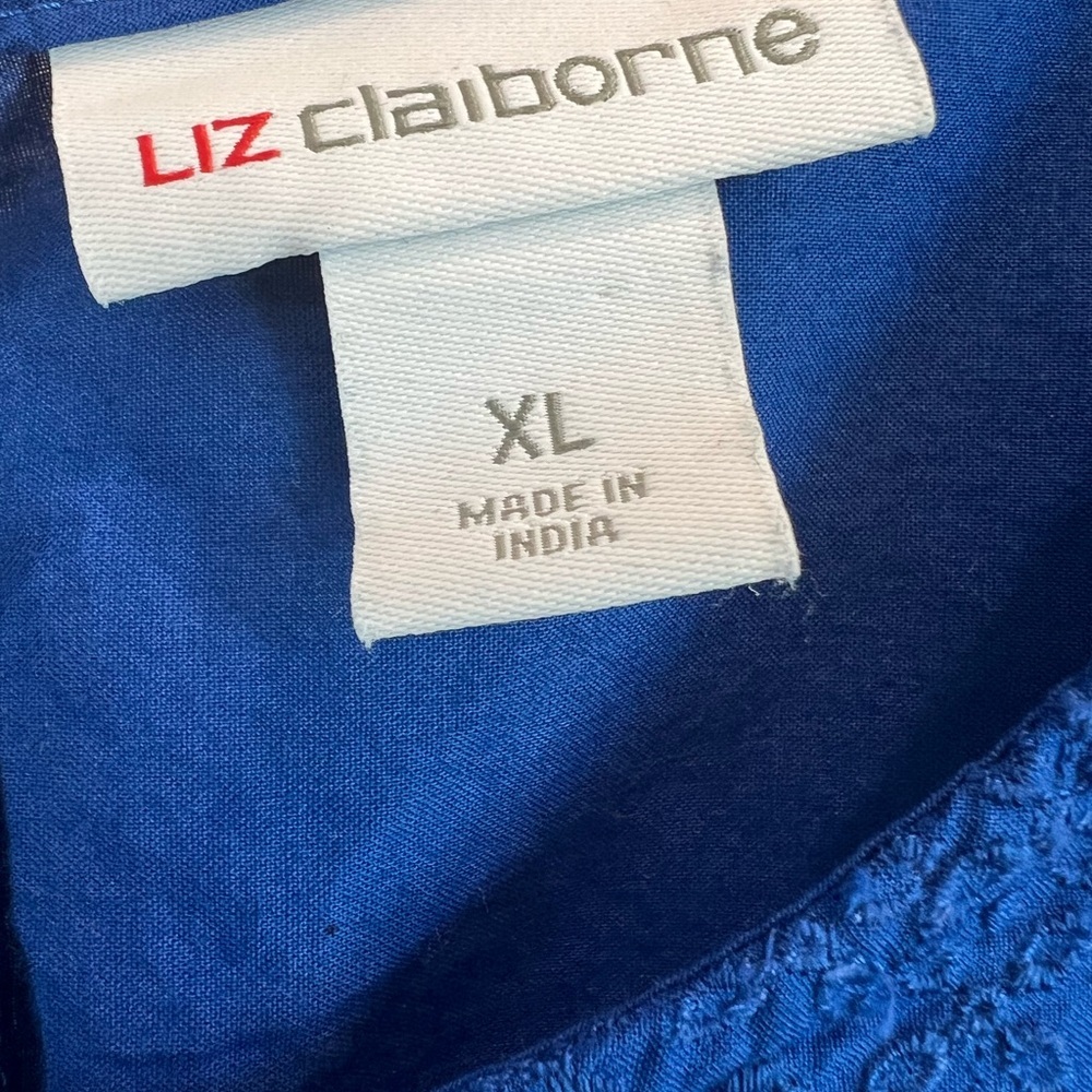 Liz Claiborne Royal Blue Eyelet Cotton Blouse XL Scalloped Hem Short Sleeve - Picture 5 of 6